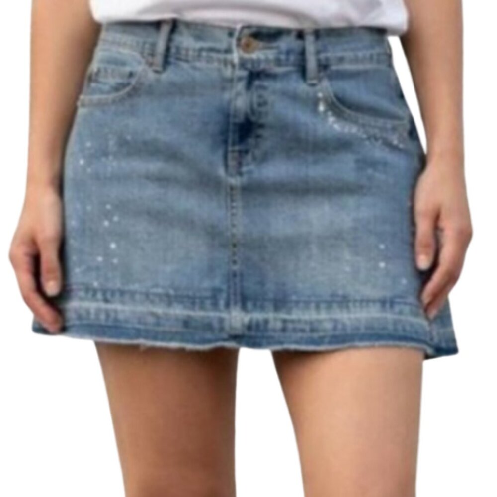 JALATE Distressed & Thrashed Denim Mini Skirt